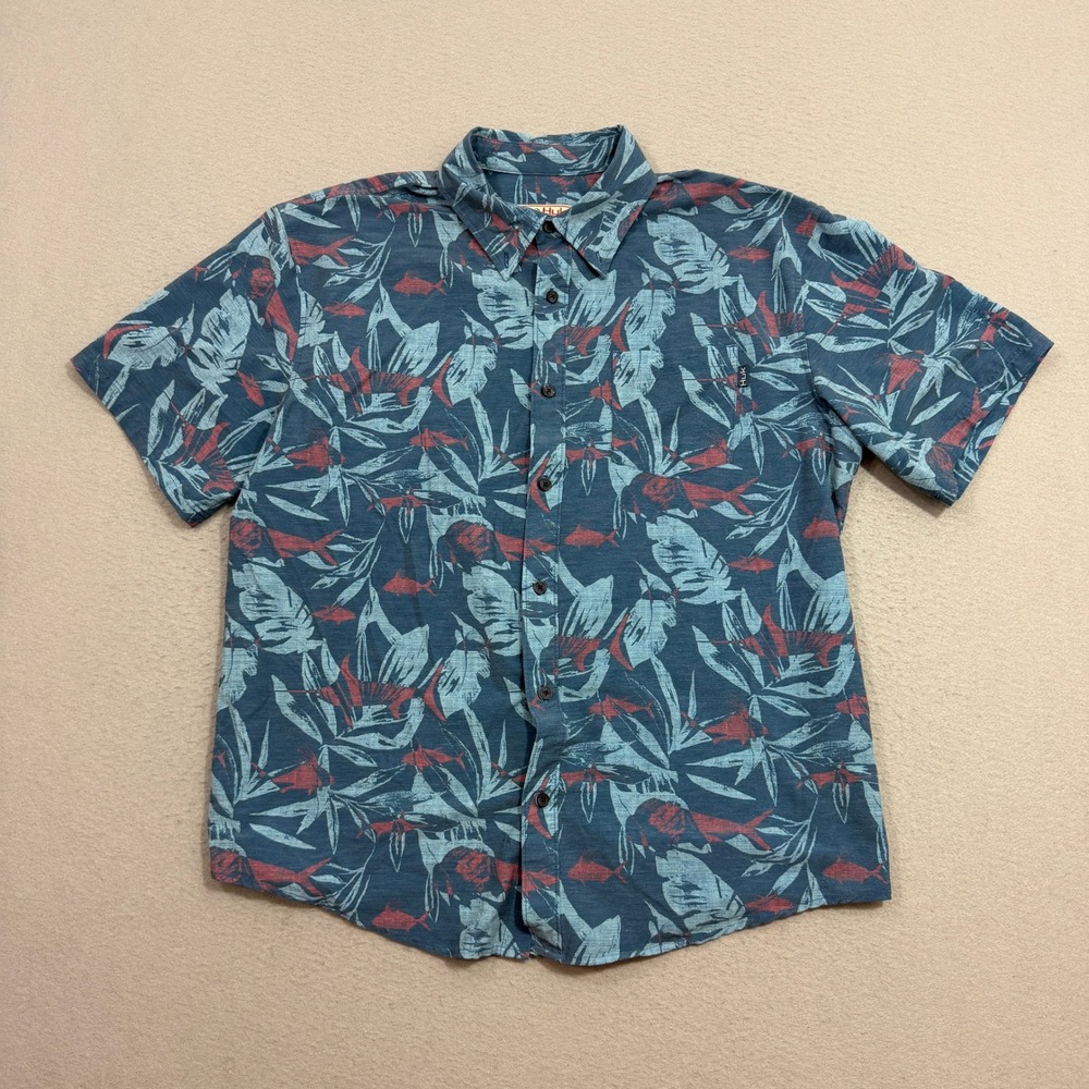 Huk Fishing Shirt Men Large Blue Pursuit Short Sleeve Tropical Fish Performance